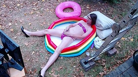 Outdoor Wam Sissy Gurl In Pink Pvc Micro Bikini Oiled Up And Drenched In Milky Water Herself No Cum...